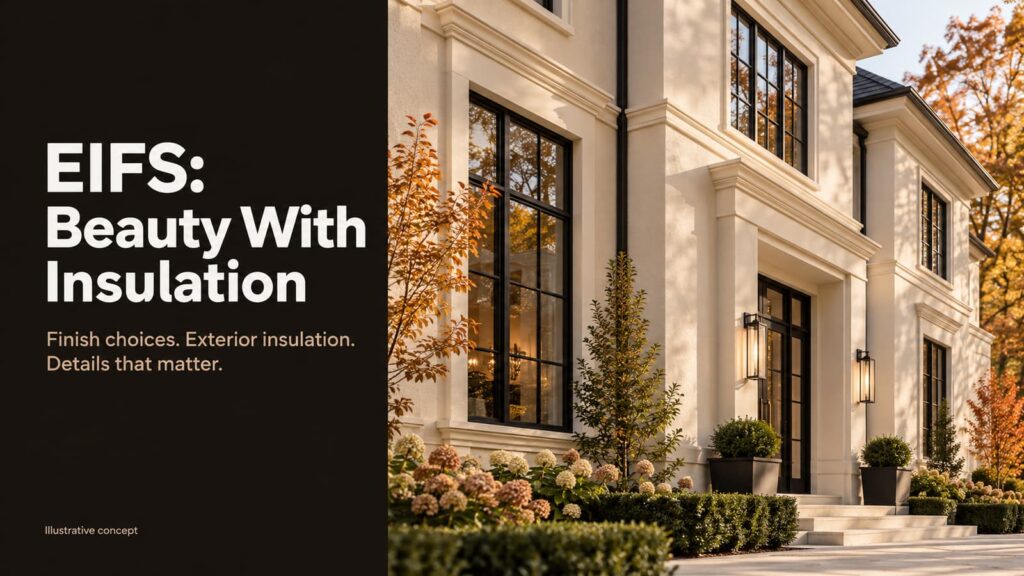 Illustrative cream exterior with shaped window surrounds and dark windows in warm light. Text: EIFS: Beauty With Insulation. Finish choices. Exterior insulation. Details that matter.