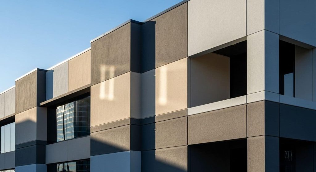 A modern commercial building multi-textured EIFS stucco panels