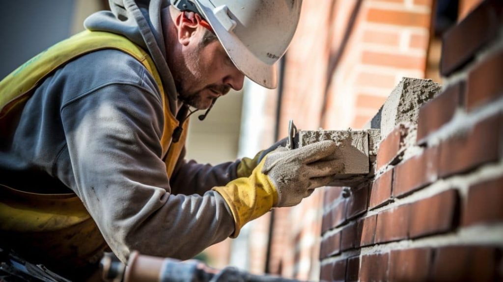 Skilled Indiana Wall Systems mason worker performing brick restoration and tuck-pointing