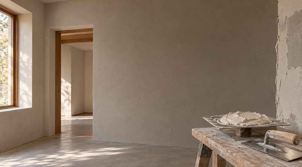 Concept illustration of a plaster-finished interior with a finishing trowel and plaster hawk