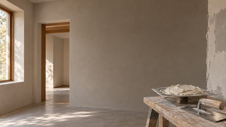 Concept illustration of a plaster-finished interior with a finishing trowel and plaster hawk