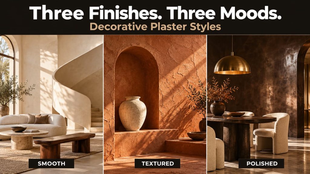 Concept interiors labeled Smooth, Textured and Polished: ivory plaster stair, terracotta alcove and dark polished dining room. Text: Three Finishes. Three Moods. Decorative Plaster Styles