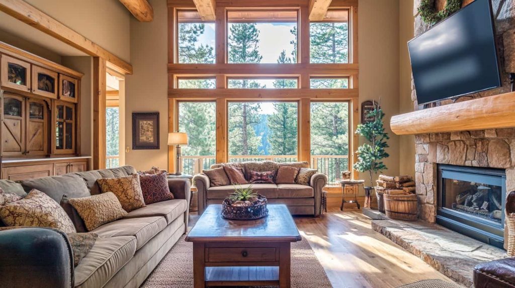 Key Principles cozy living room with exposed wooden beams