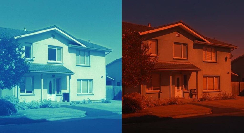 A thermal imaging comparison of two homes with different colored EIFS finishes showing dramatic temperature differences