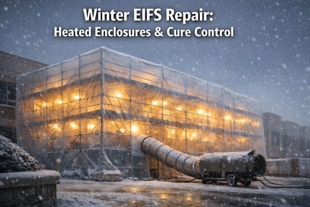 Behind Winter EIFS Repair Using Heated Enclosures & Cure Control