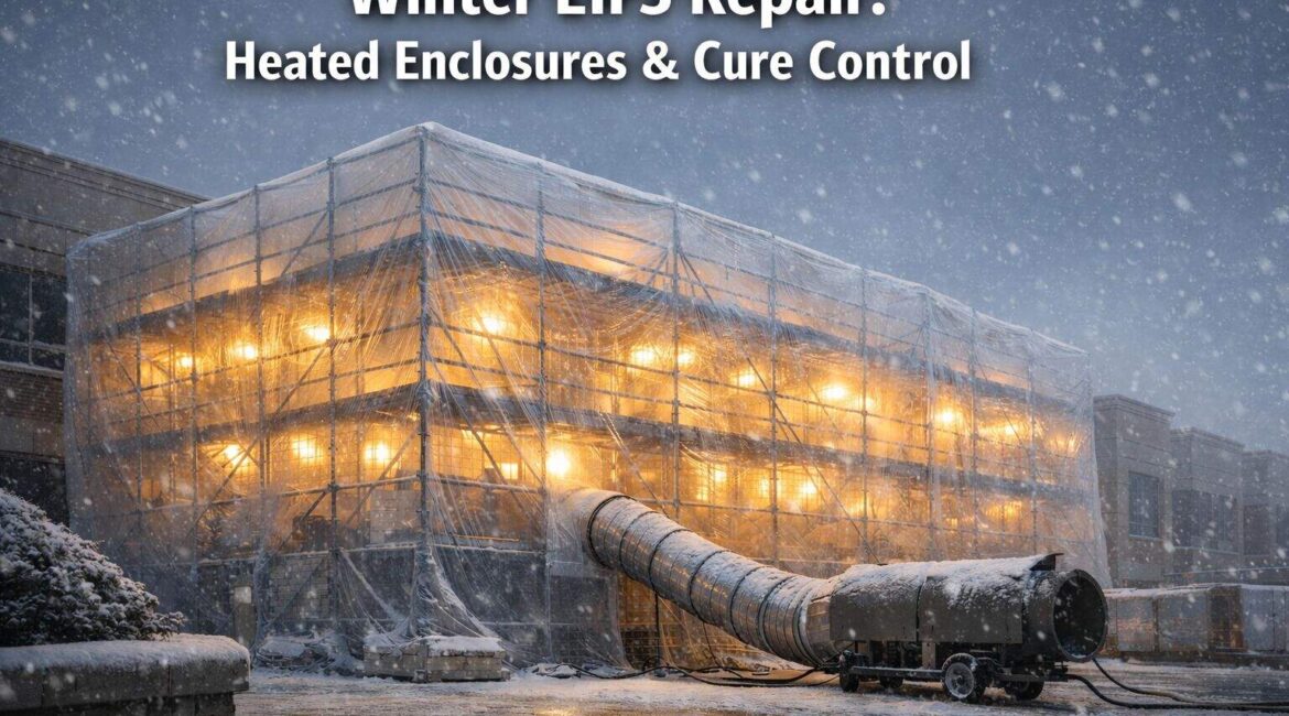 Behind Winter EIFS Repair Using Heated Enclosures & Cure Control
